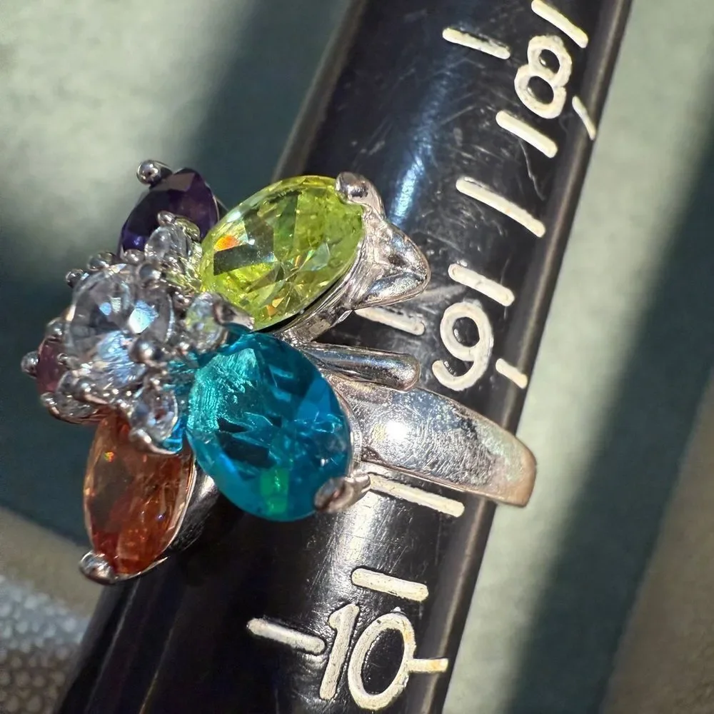 Colorful Flower Cocktail Ring with Multicolor Gemstones – Size 9.5